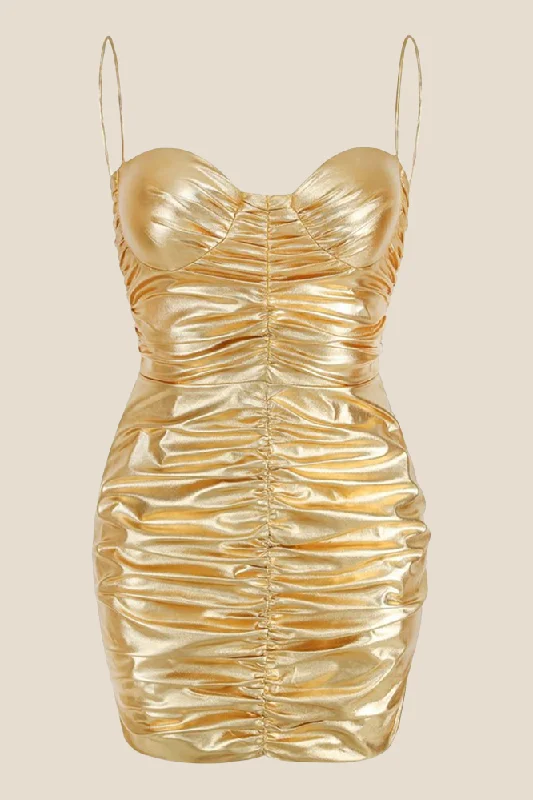 Spaghetti Straps Golden Ruched Tight Short Dress Party Bodycon Dress