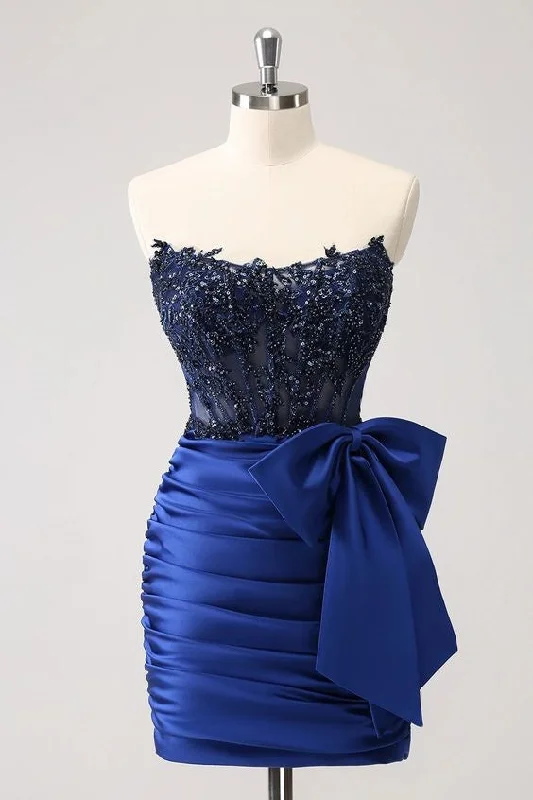 Sparkly Navy Strapless Beaded Appliques Tight Homecoming Dress Plunging Bodycon Dress