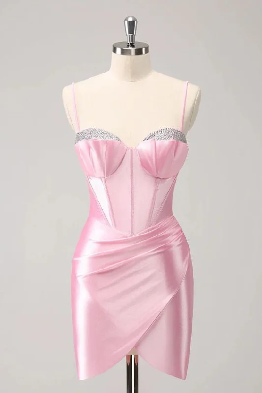 Sparkly Pink Spaghetti Straps Tight Homecoming Dress with Beading Sexy Bodycon Gown