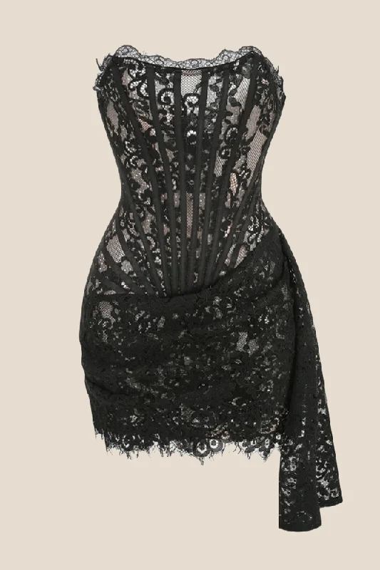 Strapless Black Tight Lace Short Dress with Shawl Elegant Bodycon Gown