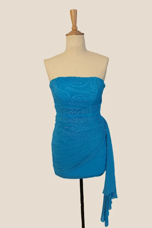 Strapless Blue Tight Short Dress with Shawl Fitted Bodycon Dress