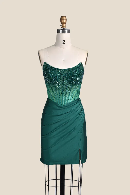 Strapless Emerald Green Beaded Tight Short Dress Bodycon Dress Style