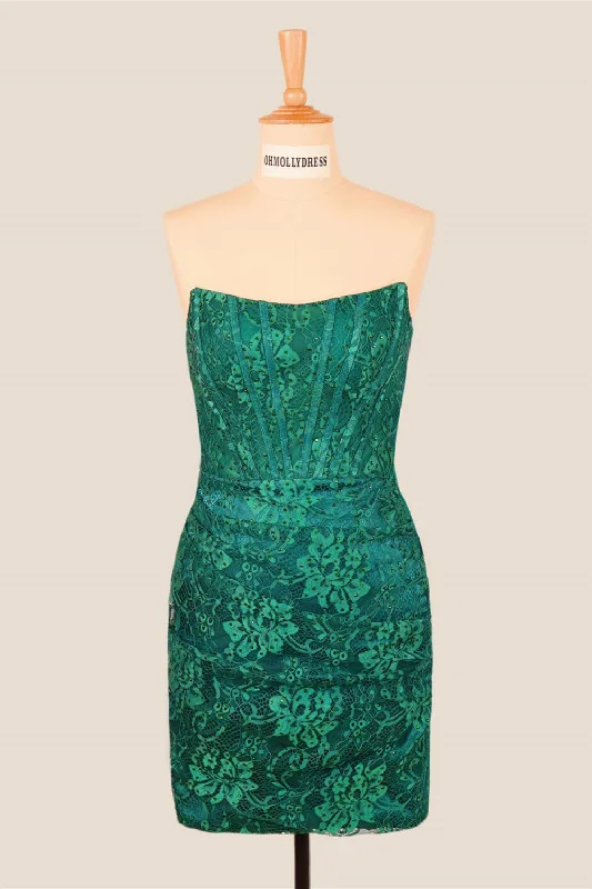 Strapless Green Lace Beaded Bodycon Short Dress Bodycon Dress Party