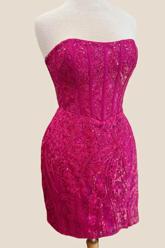 Strapless Raspberry Appliques Bodycon Short Dress Colorblock Bodycon Dress