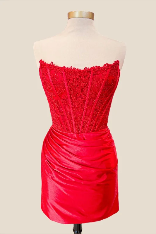 Strapless Red Lace and Satin Ruched Tight Dress Flirty Bodycon Dress