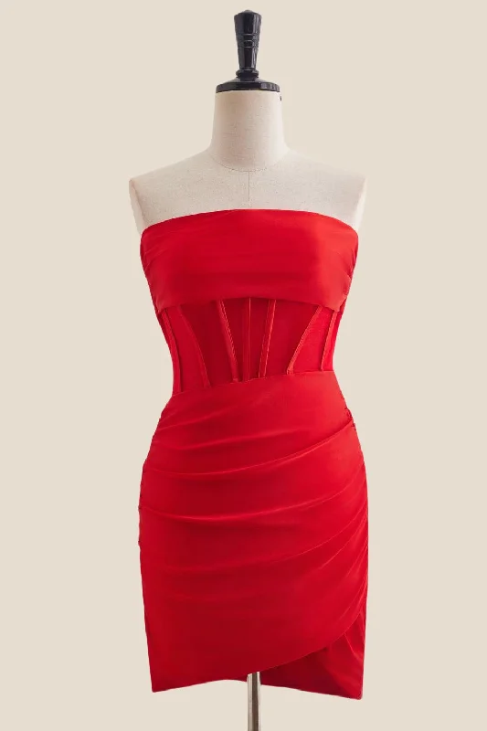 Strapless Red Ruched Bodycon Short Dress Glam Bodycon Dress