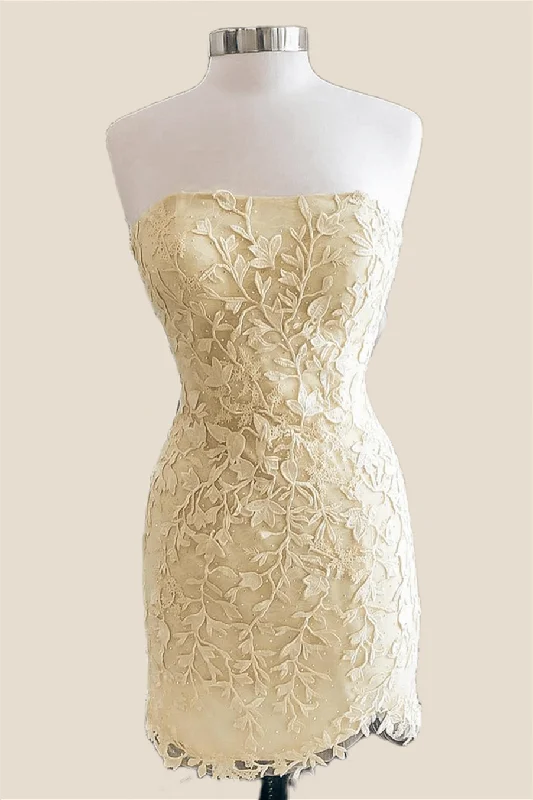 Strapless Yellow Lace Beaded Tight Short Dress Elegant Slim Bodycon