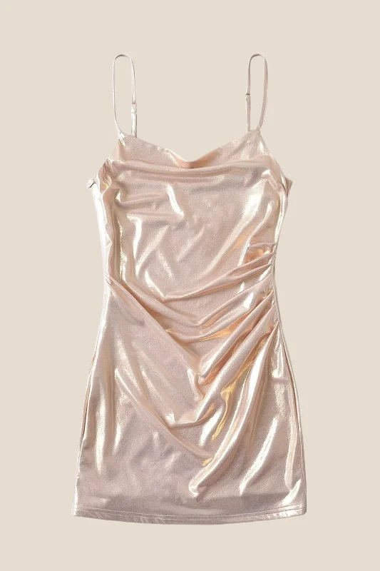 Straps Champagne Ruched Tight Short Dress Casual Bodycon Dress