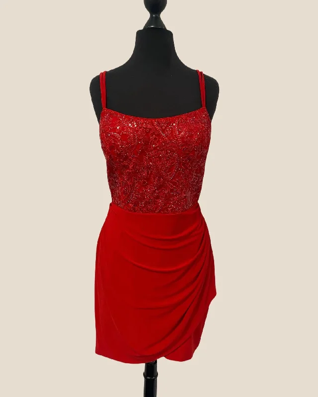 Straps Red Appliques Ruched Bodycon Short Dress Mesh Bodycon Gown