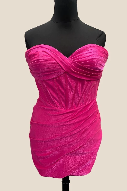 Sweetheart Hot Pink Ruched Bodycon Short Dress Tight Fit Dress