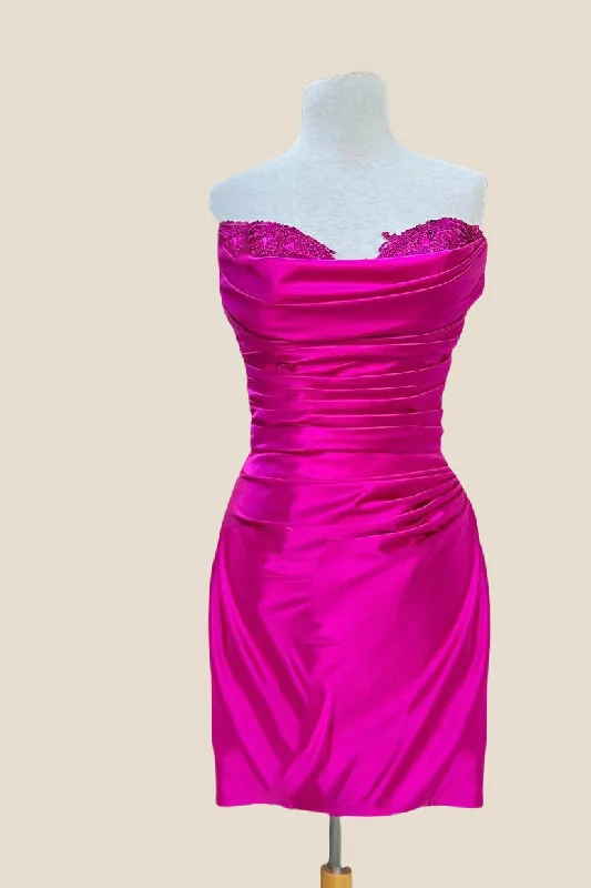 Sweetheart Hot Pink Ruched Tight Dress Bodycon Wrap Gown