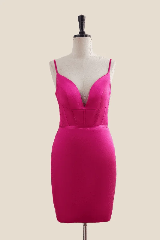 V Neck Hot Pink Ruched Bodycon Short Dress Sheer Bodycon Dress