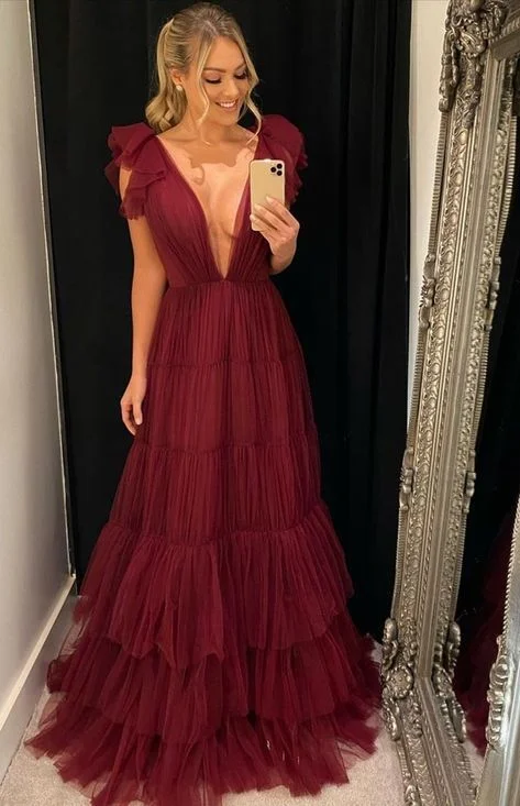 A-line Deep V Neck Tulle Evening Dress Y5931 Tulle Dress Layers