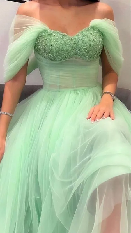 A-Line Mint Green Beaded Tulle Long Prom Dress Y6556 Tulle Cocktail Dress