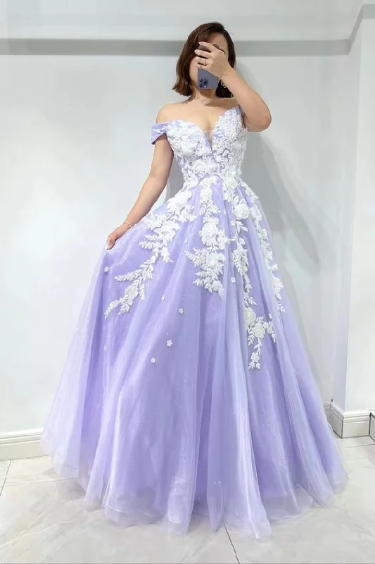 Amazing Lilac Sweetheart Off-The-Shoulder Tulle Evening Dress With Appliques Y5842 Tulle Dress Flow