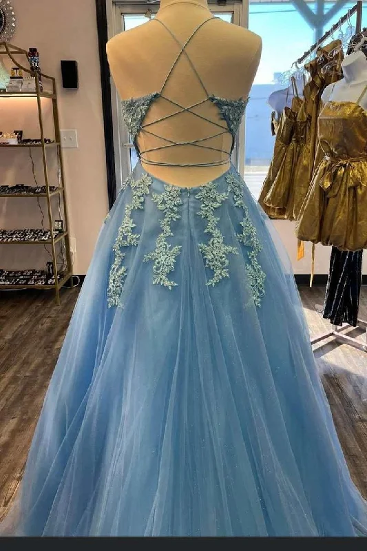 Blue Tulle Appliques Lace-Up Back A-Line Prom Dress Y6584 Chic Tulle Dress