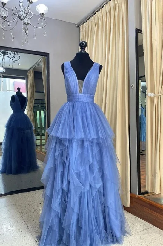 Blue tulle long prom dress A line evening dress Y5340 Tulle Dress Layers