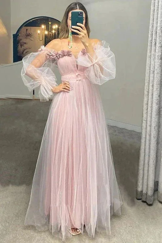 Blush Pink Off-shoulder Puffy Sleeves Tulle Princess Long Prom Dress,Special Occasion Dresses Y6275 Blue Tulle Dress