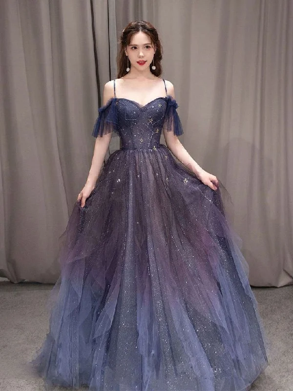 Dark starry sky purple tulle long prom dress purple evening dress Y5847 Soft Layered Tulle