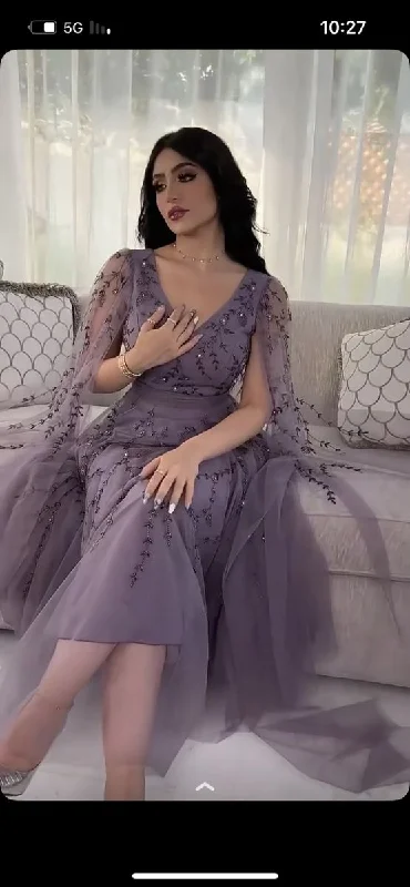 Dream Evening Dress Elegant Purple Tulle Evening Dresses V-Neck Long Sleeve Dresses Y5028 Tulle Dress Perfect