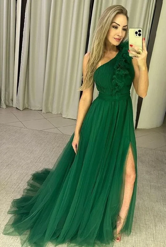 Elegant Green One Shoulder Tulle Prom Dress For Women Y6159 Off-shoulder Tulle Dress