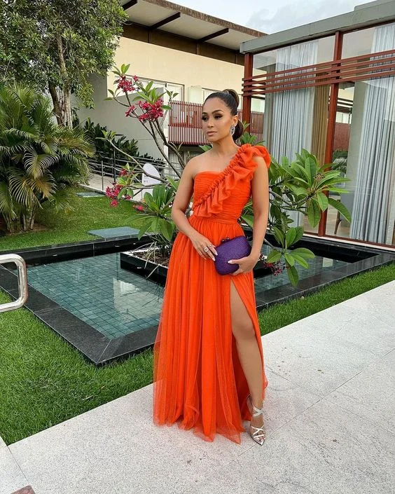 Elegant One Shoulder Orange A-line Tulle Prom Dress With Split Y6150 Tulle Dress Look