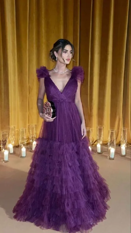 Elegant Purple A-line V Neck Tulle Evening Dress Y5633 Tulle Dress Outfit