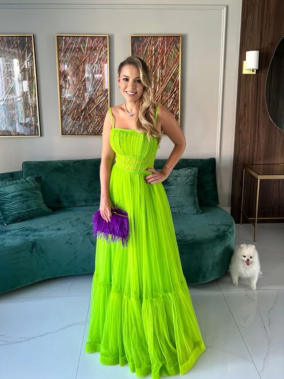 Green A-line Spaghetti Straps Tulle Prom Dress,Green Evening Dress  Y5595 Long Sleeve Tulle