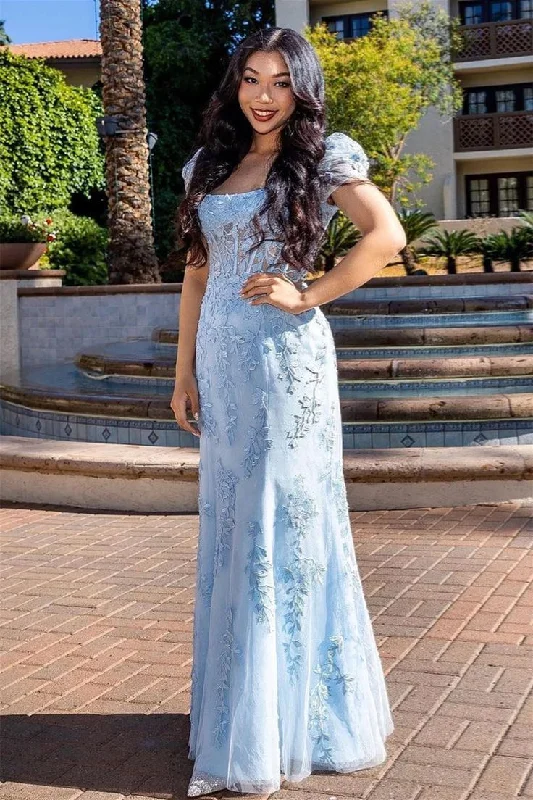 Light Blue Square Neck Puff Sleeves Appliques Tulle Long Prom Dress Y6189 Tulle Dress Sparkle