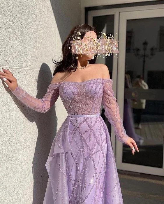 Lilac Off-The-Shoulder Long Sleeves Tulle Prom Dress Mermaid With Beads Y6716 Tulle Dress Sleek