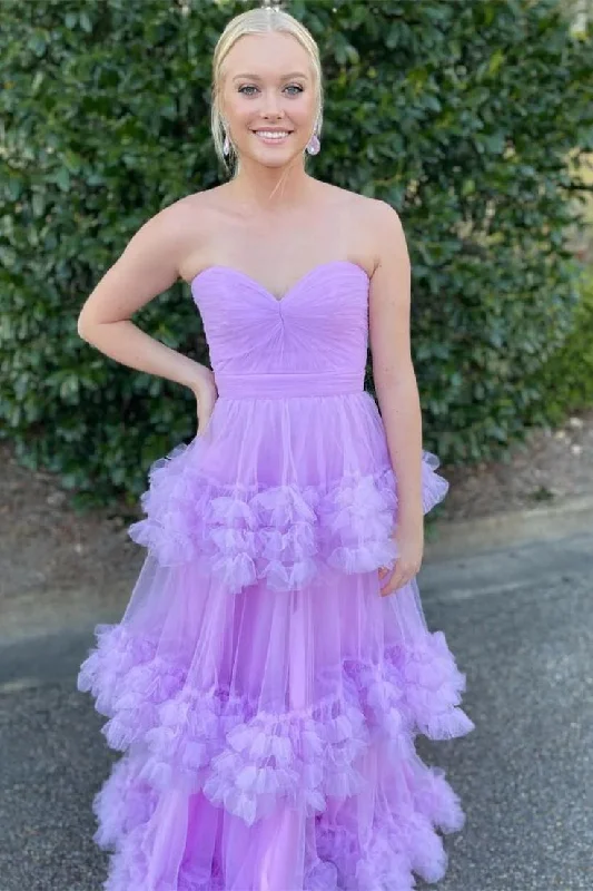 Lilac Sweetheart Tulle Long Prom Dress with Ruffles, A Line Floor Length Formal Gown Y6376 Tulle Dress Twirl