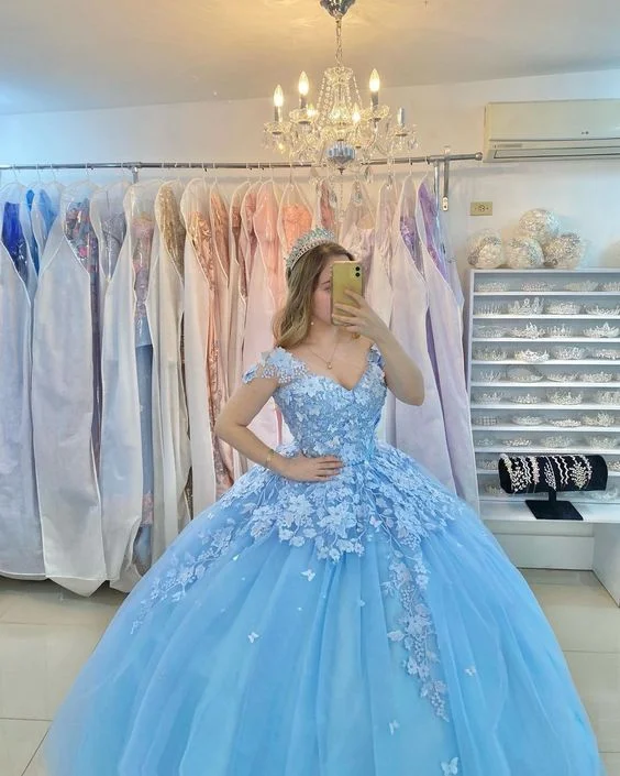 Off The Shoulder Blue Tulle Appliques Ball Gown Sweet 16 Dress Y6077 Pleated Tulle Dress