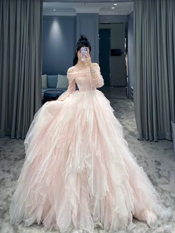 Off The Shoulder Pink Tulle Ball Gown,Pink Princess Dress Y5972 Tulle Evening Dress