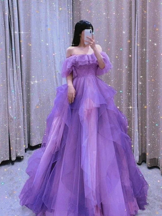 Off The Shoulder Purple A-line Tulle Evening Dress,Princess Dress Y5627 Ruffled Tulle Dress