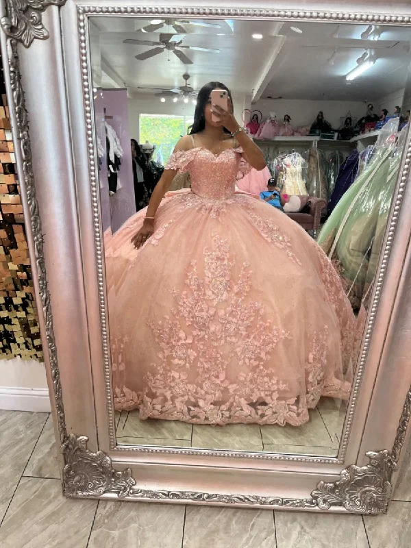 Pink Off The Shoulder Tulle Appliques Ball Gown,Pink Sweet 16 Dress Y6091 Tulle Dress Glow