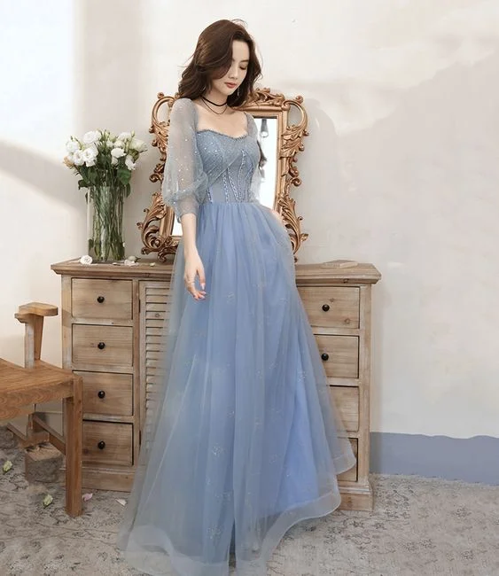 Blue tulle beaded long prom dress blue evening dress Y5835 Tulle Dress Dazzle