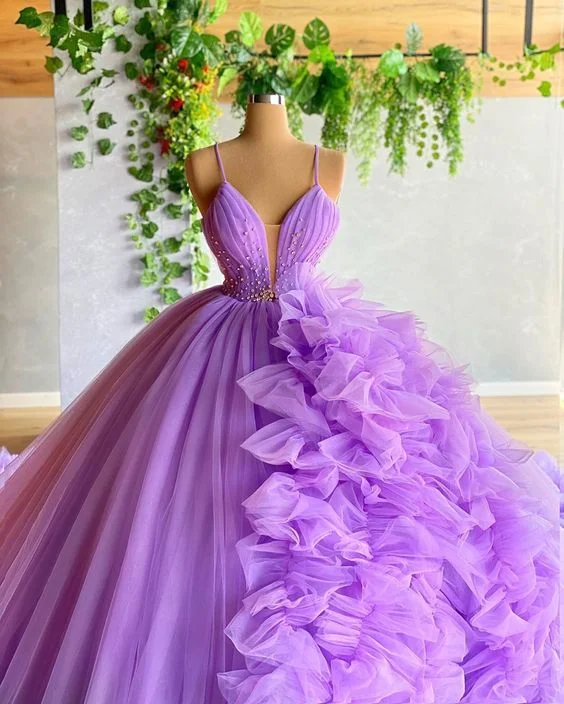 Purple A-line V Neck Tulle Ball Gown,Purple Princess Dress,Fairy Dress Y6590 Sparkling Tulle Dress