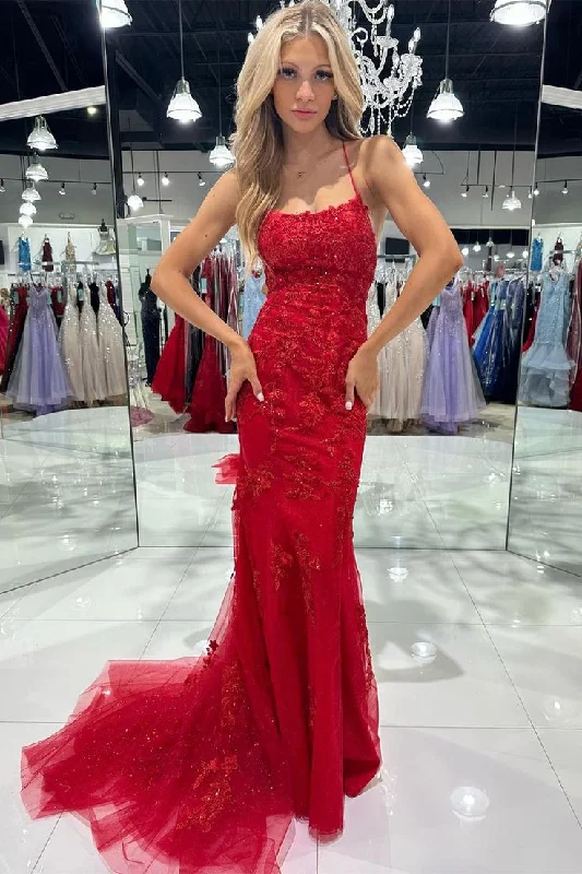 Red Tulle Appliques Scoop Neck Lace-Up Mermaid Long Prom Dress Y5956 Tulle Dress Chic