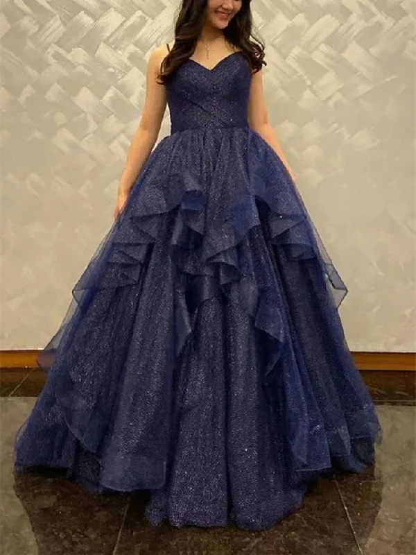 Shiny V Neck Navy Blue Tulle Long Prom Dress, Navy Blue Formal Evening Dresses Long Y4895 Pink Tulle Dress