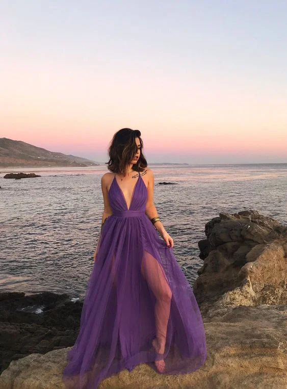 Simple Purple Tulle A-line Long Evening Prom Dresses, Custom Spaghetti Straps Prom Dress Y5947 Elegant Tulle Gown