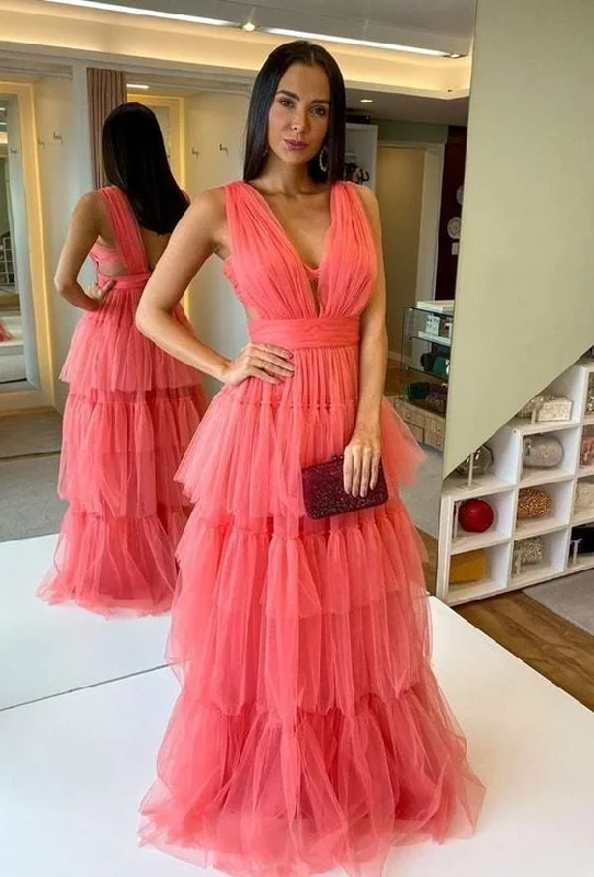 Tulle V Neck Long Prom Dress Backless Rustic Evening Dress Y5448 Stylish Tulle Gown