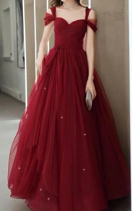 Wine Red Tulle Straps Sweetheart Long A-line Prom Dress Y6017 A-line Tulle Gown