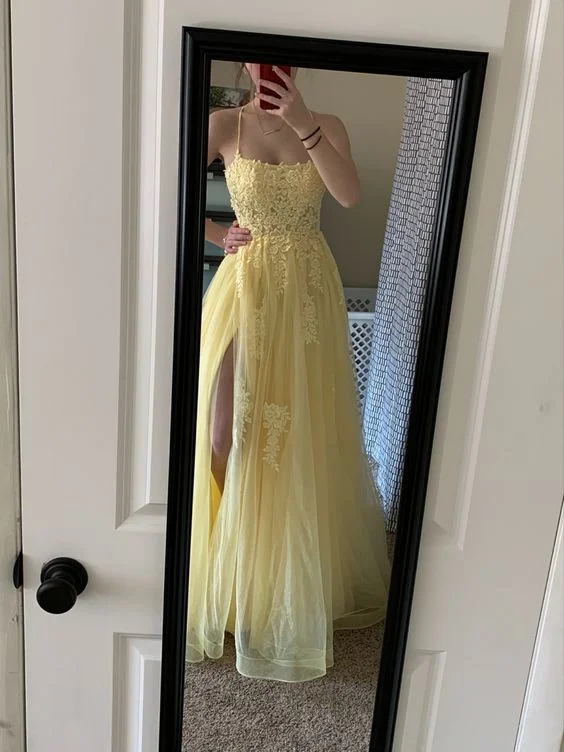 Yellow A-line Tulle Appliques Prom Dress,Yellow Dance Dress Y6459 Sexy Tulle Dress